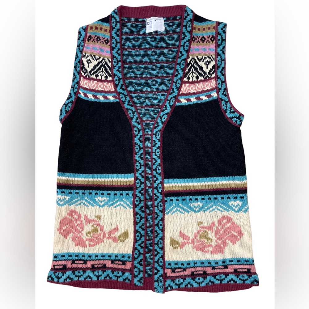 Vintage Collage Women’s Size‎ Medium Multi Colored Open Sweater/Cardigan Retro